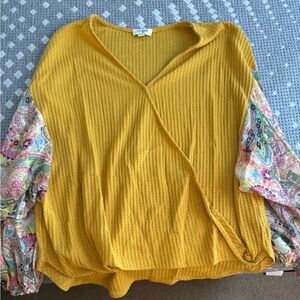 Yellow V-Neck Top with Paisley Sleeves